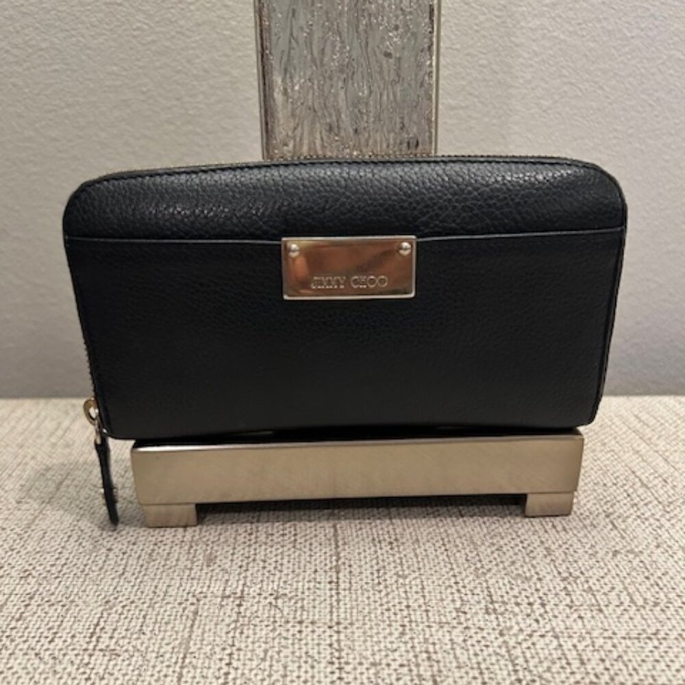 Jimmy Choo Leather Zip Around Wallet with Gold Logo Plaque